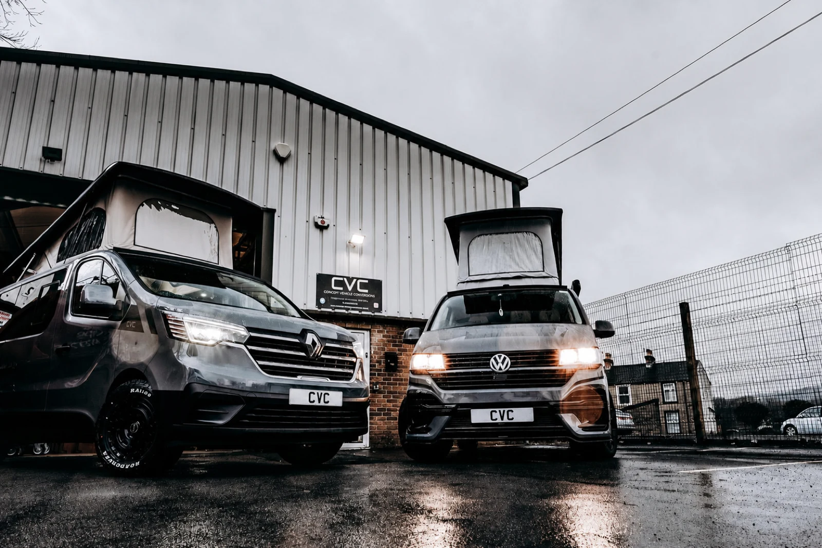 Two CVC campervans outside the Burnley workshop